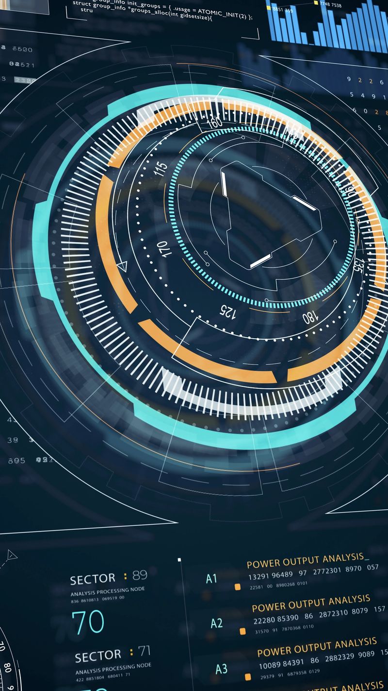 Blue digital Head up display (HUD UI) and circuit panel technology interface screen with futuristic elements graph and chat panel abstract background vertical