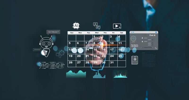 Businessman using AI virtual assistant for calendar scheduling, data management and workflow automation. Artificial intelligence chatbot solutions for smart productivity and digital business.