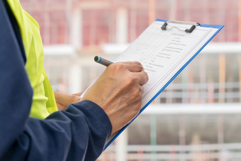 Hands, engineer and clipboard in city for checklist, inspection notes or safety compliance. Person, writing with documents for urban development, project management or supervisor paperwork and pen