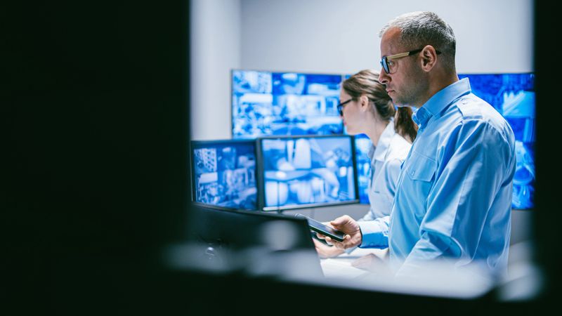 A professional conversation unfolds in a sleek security monitoring room, showcasing multiple screens filled with surveillance footage. The two individuals engage in a serious dialogue, emphasizing collaboration and vigilance in security management. Their focused expressions highlight the importance of their work.