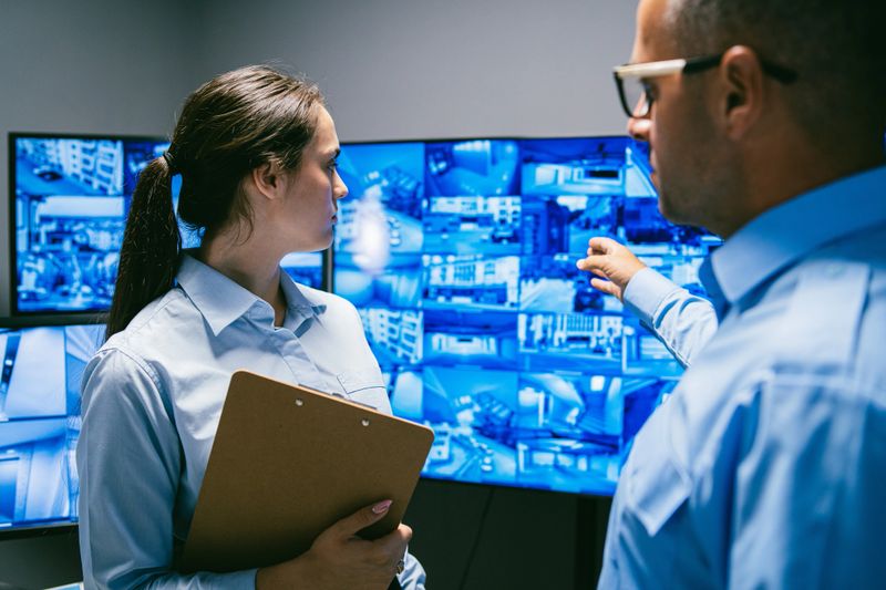 A professional conversation unfolds in a sleek security monitoring room, showcasing multiple screens filled with surveillance footage. The two individuals engage in a serious dialogue, emphasizing collaboration and vigilance in security management. Their focused expressions highlight the importance of their work.