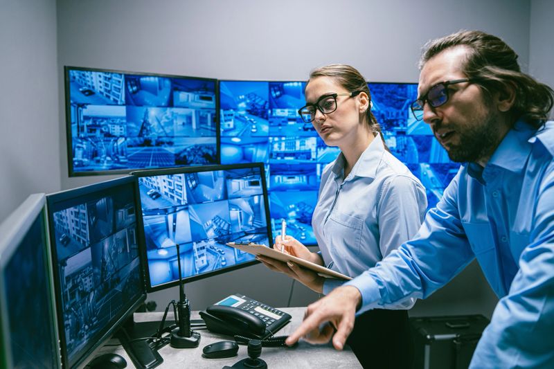 A professional conversation unfolds in a sleek security monitoring room, showcasing multiple screens filled with surveillance footage. The two individuals engage in a serious dialogue, emphasizing collaboration and vigilance in security management. Their focused expressions highlight the importance of their work.