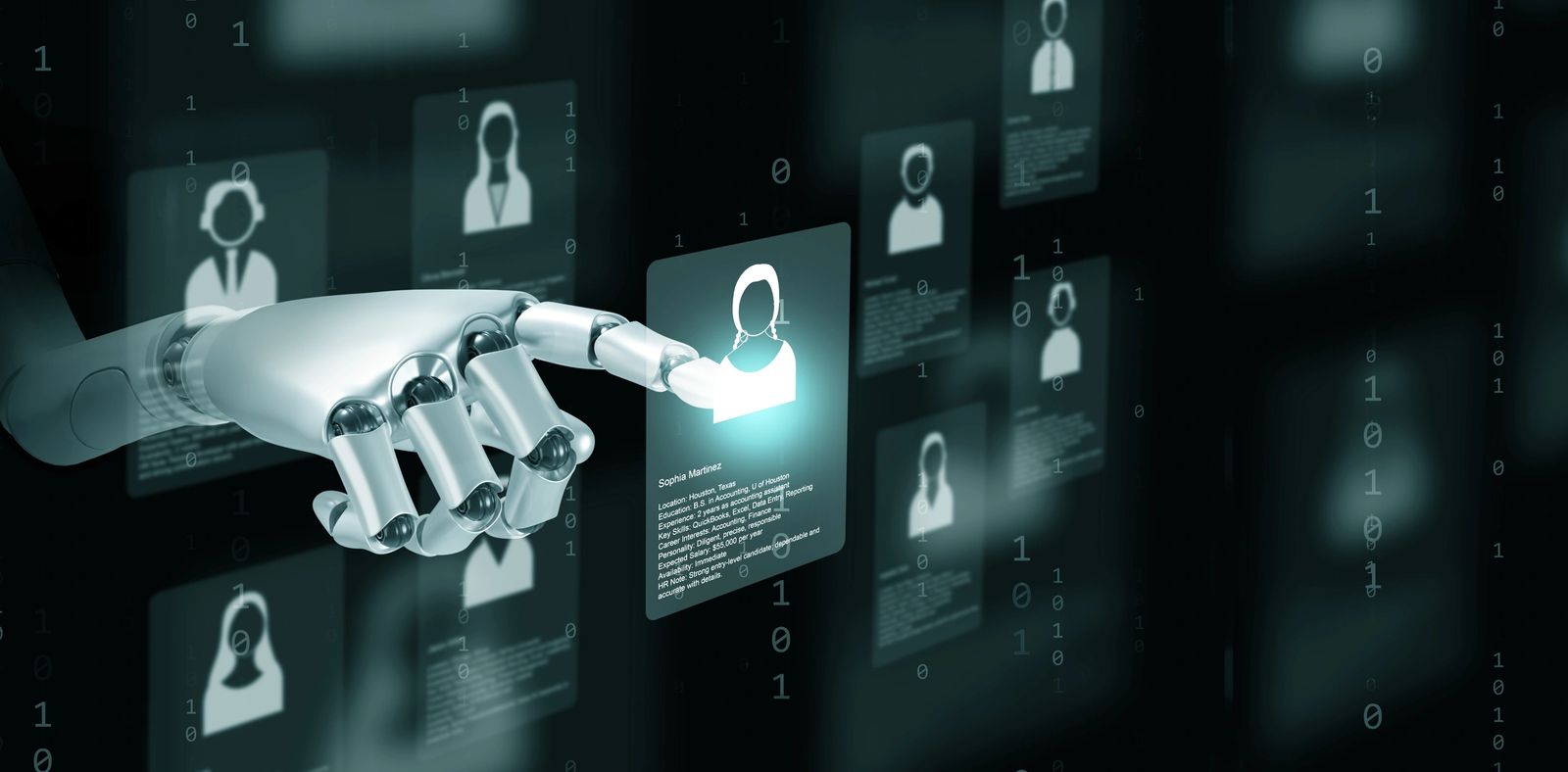 Artificial intelligence robot analyzing and choosing job applicant profile. Concept of machine learning recruitment, digital HR, automation process, and smart technology in business.