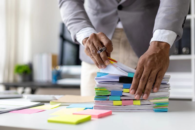 Man searching for documents in stack of papers on desk in office.