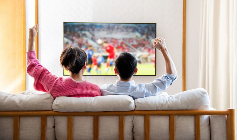Rear view of young couple watching football match on television at home. The photo on the TV were also taken by me