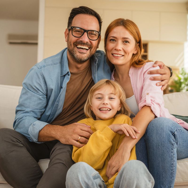 Happy family portrait capturing a joyful father, mother, and young daughter sitting closely on a sofa in their bright living room, embracing togetherness and warmth