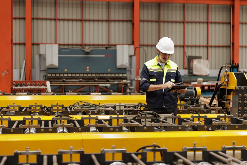 Male engineer wearing a safety helmet and reflective jacket using a digital tablet to inspect machines inside an industrial manufacturing plant. Concept of factory operation, quality control, industrial technology, and engineering management.