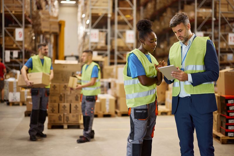 Mid adult male inspector and African American female worker cooperating while working on digital tablet in storage room.