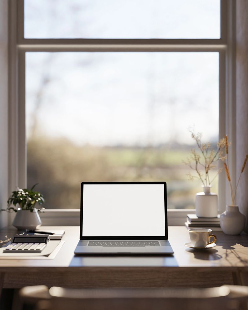 White screen laptop with calculator and coffee cup on wooden table under window in warm sunlight. Advertising Mockup, 3D rendering, 3D Illustration.
