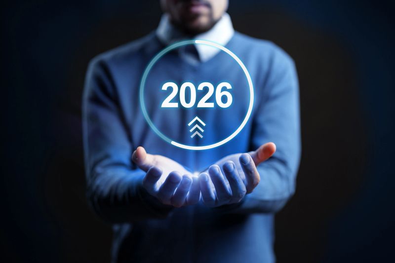 Person holds a glowing circle with the year 2026, symbolizing future planning and innovation.