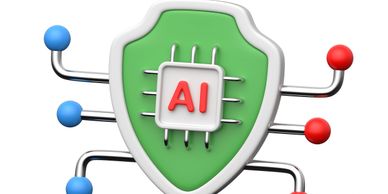 3D shield with AI chip, symbolizing AI security and protection.