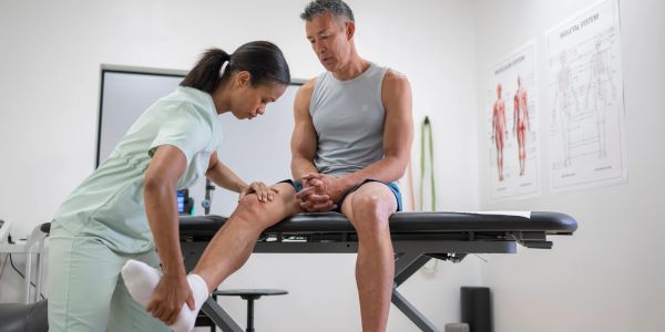 Physical therapist examining a man's knee in a clinic.