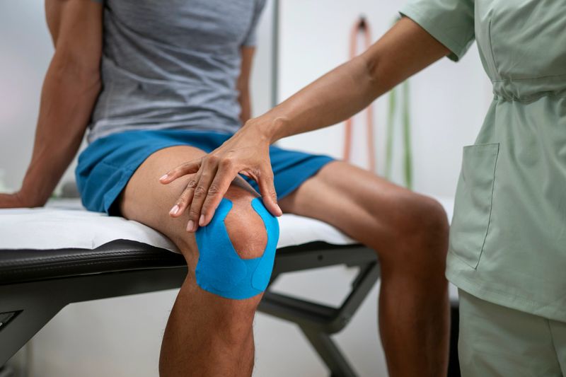 Mid adult multiracial female physical therapist treating knee injury of mature Asian male patient featuring blue kinesiology tape application in a clinical setting. The therapist is focused and attentive, ensuring effective rehabilitation and patient care.