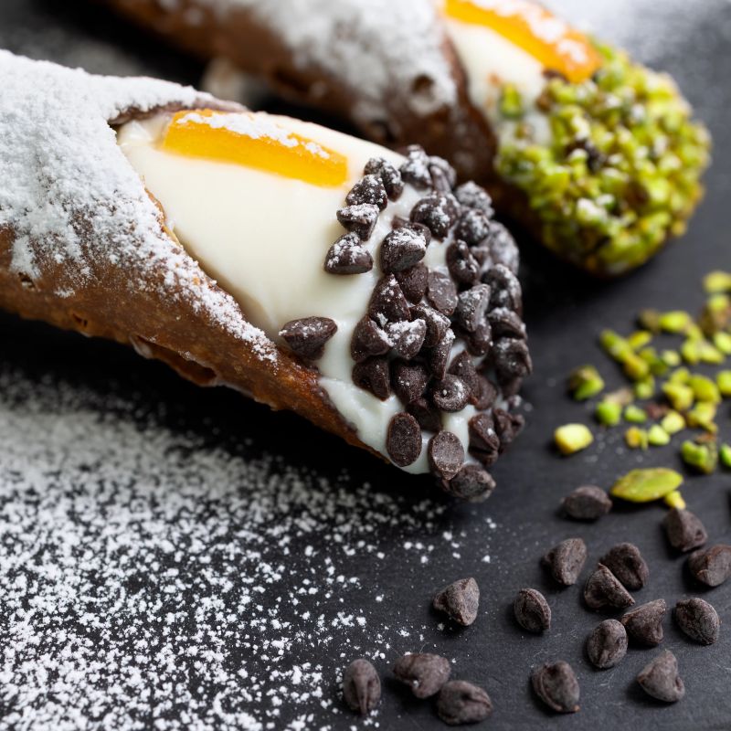 sicilian pastry, cannoli with ricotta and pistacchio/chocolate