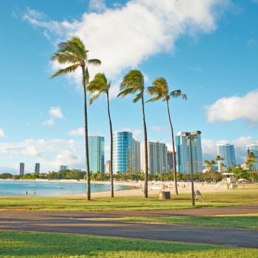 Luxurious scene of Oahu's beaches and skyline.