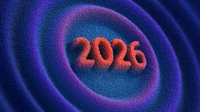 3D textured numbers '2026' on a purple and blue target background.
