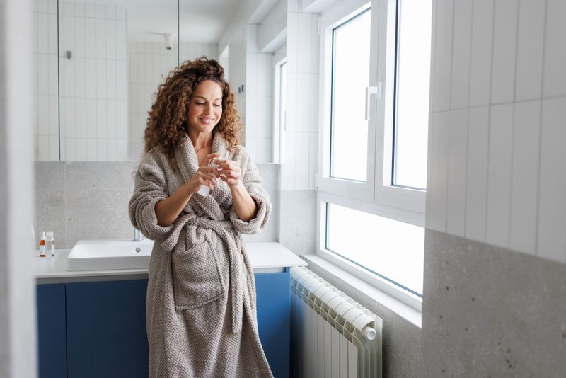 A mid adult woman with curly hair wearing a gray bathrobe is standing by a window in a bright, modern bathroom, holding a small bottle and smiling gently during a calm morning routine.