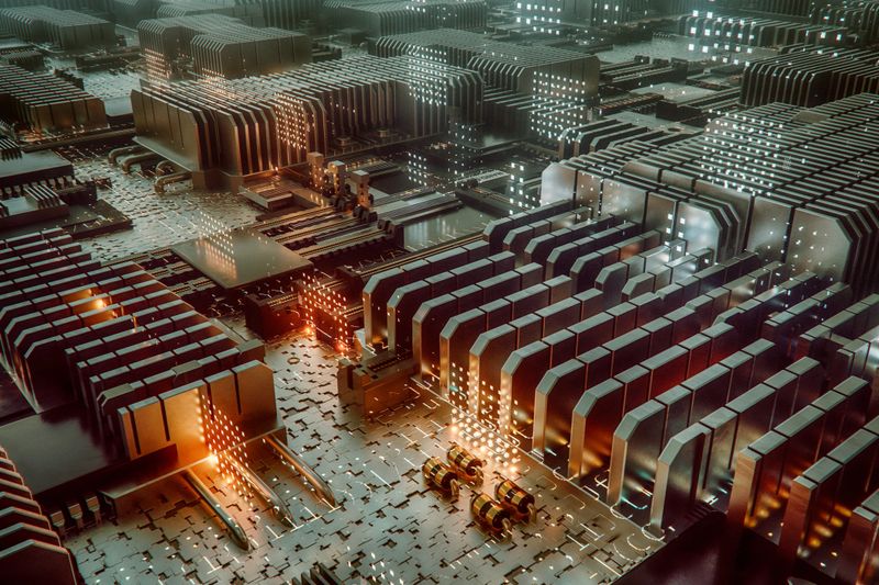 Illuminated futuristic computer motherboard. 3D generated image.