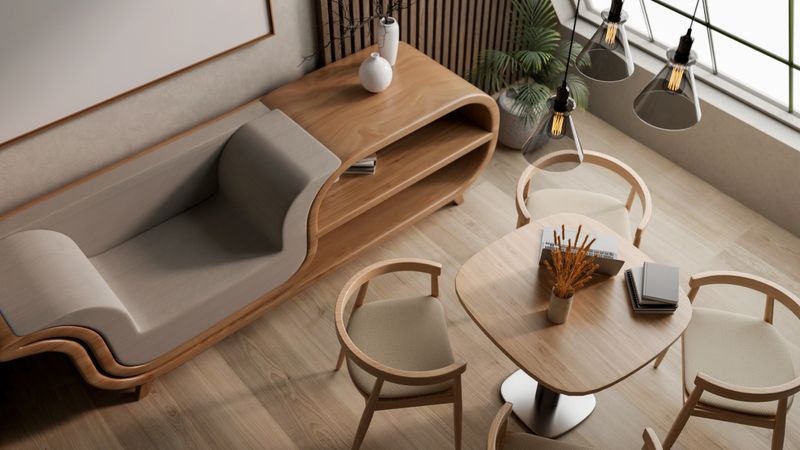 Top view of a living room with lamps above wooden table and chairs set aside multifunctional armchair. Working or Study, 3d Rendering, 3d illustration.