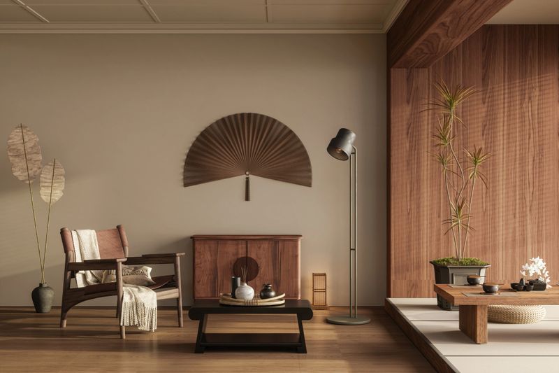 Modern Japandi Living Room Interior with Minimalist Wooden Furniture and Natural Decor Elements