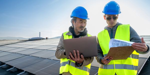 Two workers inspecting solar panels with laptop and clipboard.