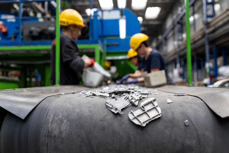 Workers in protective gear operating at a recycling station, sorting aluminum scrap for reuse in a sustainable industrial environment