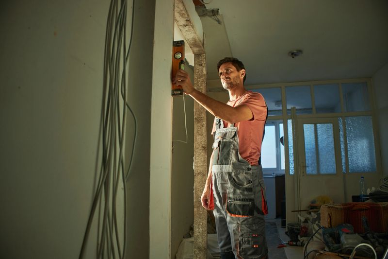 A focused male construction worker wearing gray overalls and a red shirt measures a wall using a level in a partially renovated room filled with construction materials and tools.