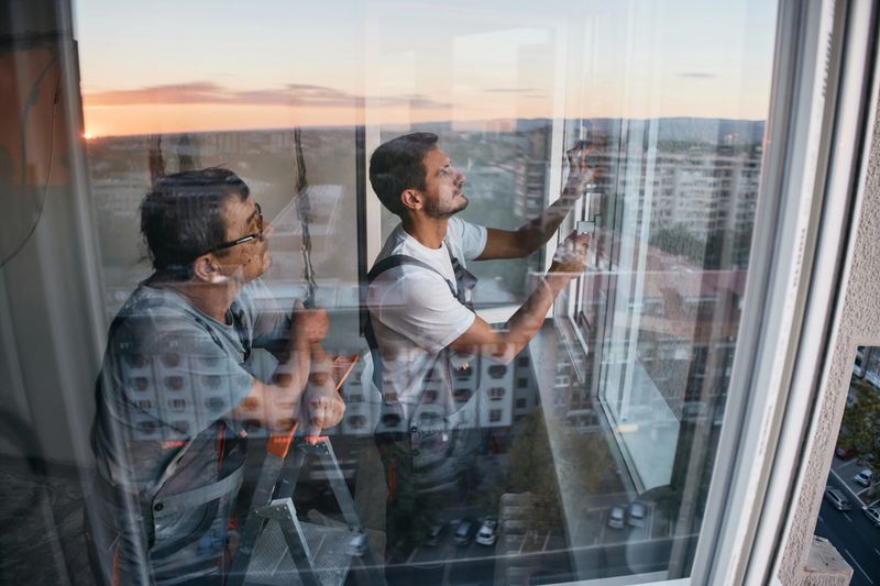 Two male construction workers install window glass on a high-rise apartment during sunset. They wear work attire and use professional tools to secure the glass in an urban residential building setting.