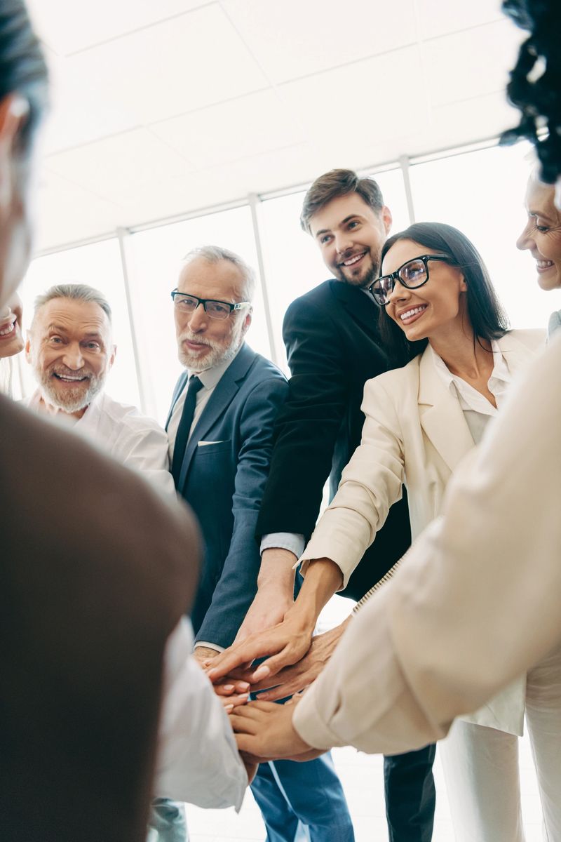 A diverse group of professionals uniting their hands in a symbol of teamwork and shared goals in a light-filled office setting.