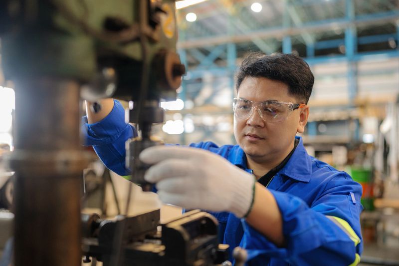 A blue-collar technician in protective gear inspects a power drill in a factory workshop. Depicting concentration, safety, and professionalism in the industrial manufacturing process and engineering maintenance work.