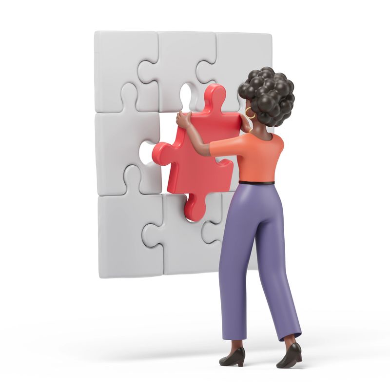 A woman places a red puzzle piece, symbolizing solving a problem or completing a task. 3D rendering, conceptual image. Isolated on white background.