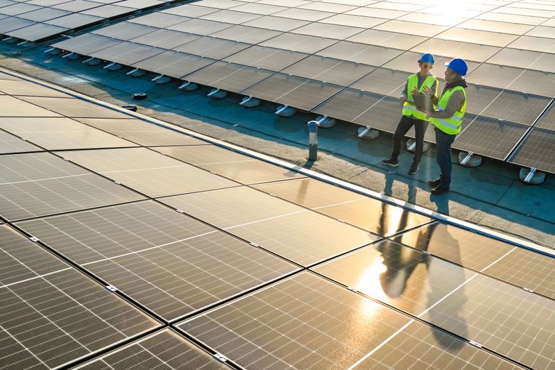Mature Asian male and mid adult Caucasian female technicians reviewing solar panel efficiency on a factory rooftop featuring industrial environment and bright sunlight. Both wearing safety vests and hard hats, focused on inspection task.