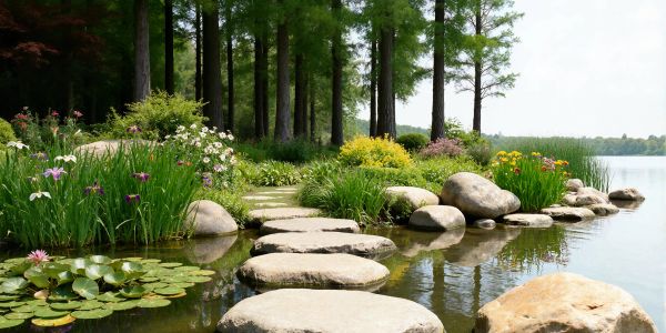 A serene garden path with stepping stones across a pond surrounded by flowers and trees.