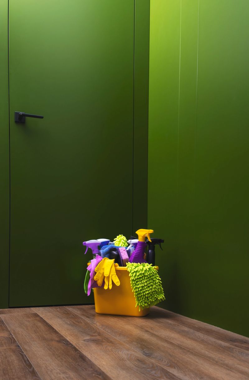 Cleaning tools and sprays in yellow bucket on wooden flooring by green wall in bright home corner