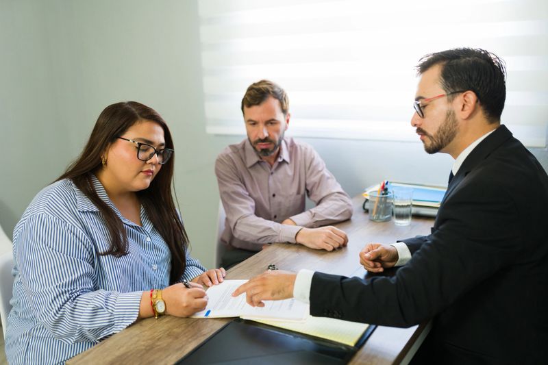 Woman signing legal agreement in a lawyer's office, husband sitting next to her during a conciliation meeting or separation process
