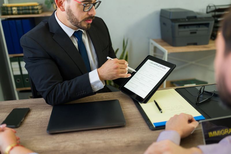 Closeup of immigration lawyer guiding a client through a digital visa application form on a tablet during a consultation in a professional office