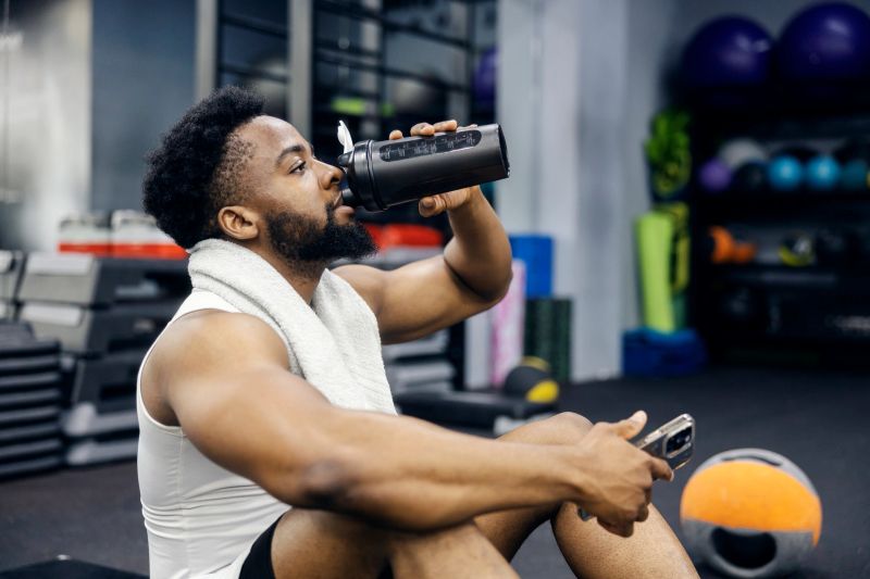 Young adult man relaxing at the gym, drinking a protein shake from a shaker bottle after an intense workout session