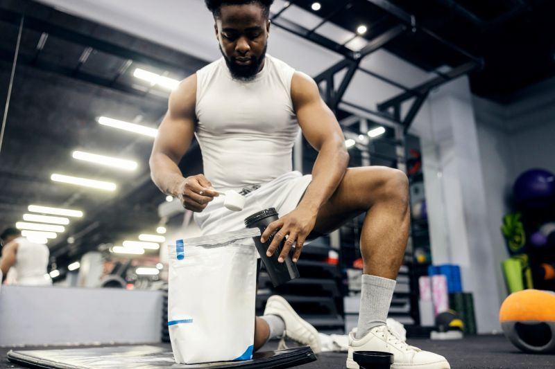 Athletic young black man scooping protein powder into a shaker bottle mid-workout in a gym, focused on preparation and strength