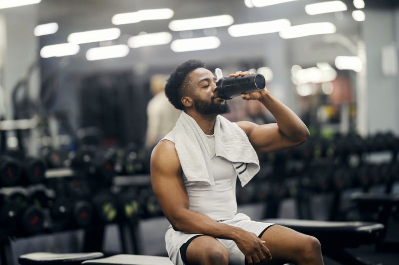 Athletic man resting at the gym, drinking a protein shake from a shaker bottle after his intense workout session
