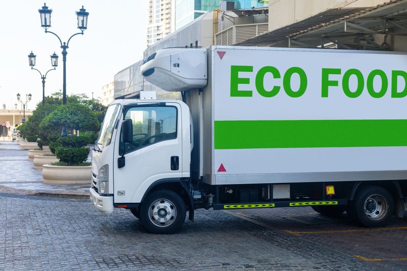 Eco food delivery truck with fresh produce parked near the market or store, city street.