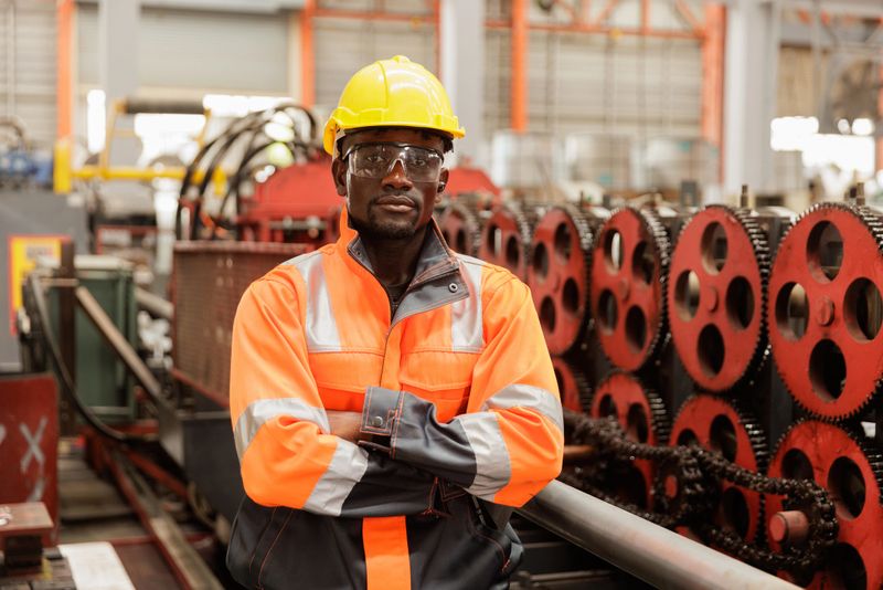 Industrial worker wearing safety helmet and reflective uniform stands confidently with folded arms in front of machinery and red gear wheels inside a manufacturing factory. Concept of skilled labor, industrial workforce, and occupational safety.