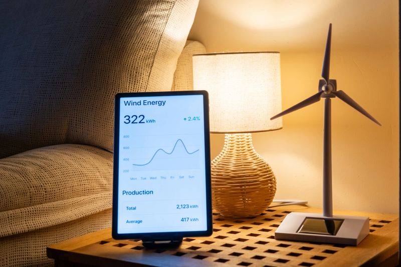 Home energy management app displaying wind power production data on a tablet next to a decorative wind turbine model, illustrating clean energy use and sustainable living