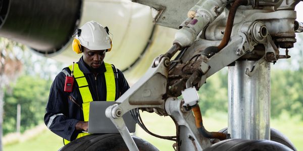 Technician inspects airplane landing gear using a laptop outdoors.