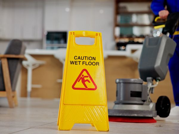 Yellow caution sign warns of wet floor during cleaning.