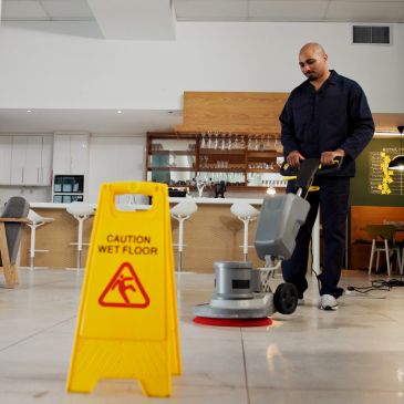 Worker cleaning floor with machine next to a wet floor caution sign.
