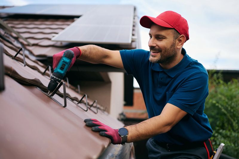 Happy roofer working on the maintenance of the roof of the house.