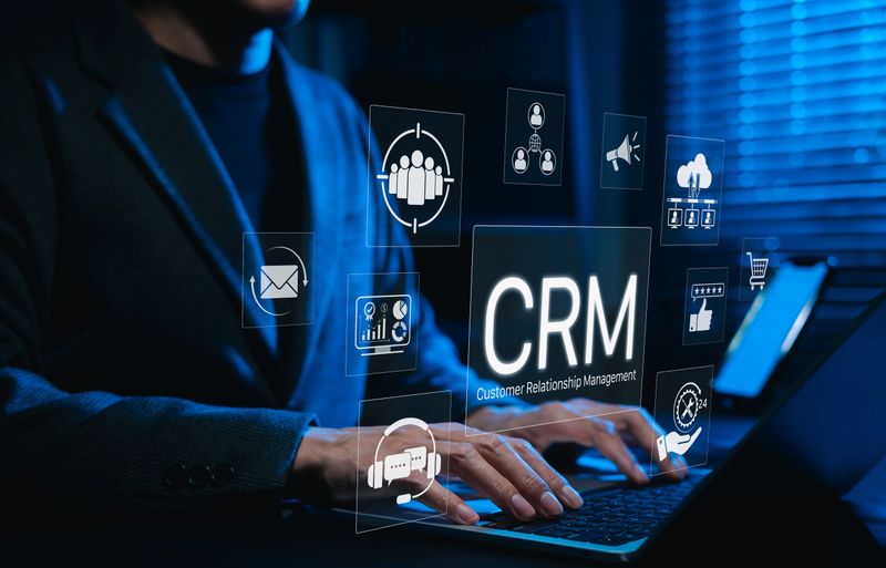 CRM system and customer relationship management technology. Using laptop with digital CRM icons representing customer relationship management, marketing automation, analytics, client engagement tools,