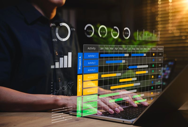 Professional working on digital Gantt chart dashboard with progress analytics, timelines, and performance graphs. Concept of project management, task tracking, and workflow optimization.