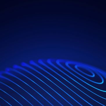 Blue glowing fingerprint pattern on a dark background.