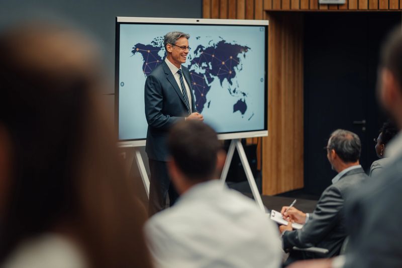Male speaker presenting world map showing global network and connections to an audience during a corporate conference